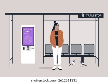 A young person stands at a tram stop, casually dressed, surrounded by empty seats and pigeons, as the urban hustle unfolds in the background