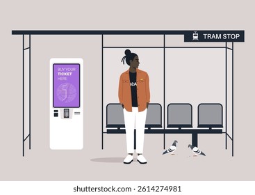 A young person stands at a tram stop, casually dressed, surrounded by empty seats and pigeons, as the urban hustle unfolds in the background
