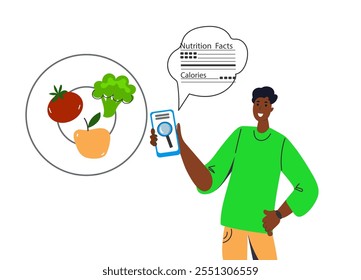 young person studies nutritional value food. Nutrition facts of food. Calories counting concept. Food control and consumer nutrition facts. Diet , food control, weight loss. Vegetarian, vegan,