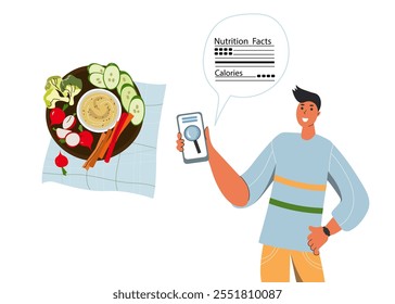 young person studies nutritional value food. Nutrition facts of food. Calories counting concept. Food control and consumer nutrition facts. Diet , food control, weight loss. Vegetarian, vegan,