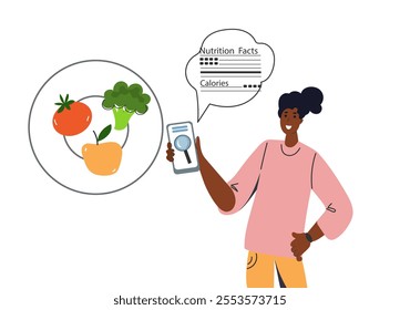 young person studies nutritional value food. Nutrition facts of food. Calories counting concept. Food control and consumer nutrition facts. Diet , food control, weight loss. Vegetarian, vegan,