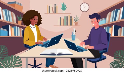 A young person studying online with a laptop while sitting in a cozy library room. Surrounded by bookshelves, the student focuses on the screen, wearing headphones for a virtual class . Vector flat 