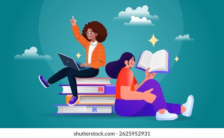 A young person studying online with a laptop while sitting in a cozy library room. Surrounded by bookshelves, the student focuses on the screen, wearing headphones for a virtual class . Vector flat 