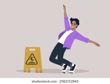 A young person stylishly attempts to balance on a wet floor, displaying agility and joy while a caution sign stands nearby, emphasizing the need for care in this spirited environment