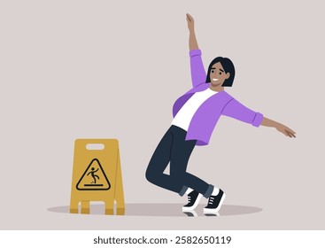 A young person stylishly attempts to balance on a wet floor, displaying agility and joy while a caution sign stands nearby, emphasizing the need for care in this spirited environment