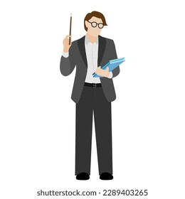 Young person in a suit holding with folders and pencil. Cute funny isolated character. Flat style. Drawing, writing, design, blogging, idea