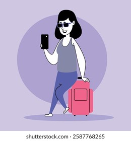 Young person with sunglasses checking her phone while leaning against suitcase