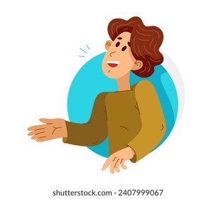 Young person talking online from a speech bubble, vector illustration of a conversation with accent on one-person trainer or mentor, online dialog, video speaker, social media commentator.