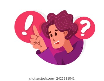 Young person talking online from a speech bubble, vector illustration of a conversation with accent on one-person trainer or mentor, online dialog, video speaker, social media commentator.