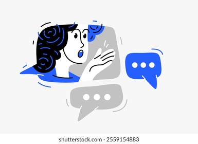 Young person talking online from a speech bubble, vector illustration of a conversation with accent on one-person trainer or mentor, online dialog, video speaker, social media commentator.