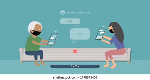 young person teaches the elder to chat with other people via smartphone. during COVID-19 situation, they wear face masks and practice social distancing to stop the pandemic, adult education concept.
