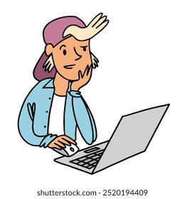 A young person with a thoughtful expression, sitting in front of a laptop, engaged in work or study