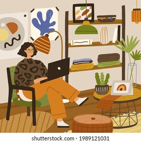 Young person using laptop, sitting in armchair in cozy living room at home. Happy relaxed woman working and studying indoors in modern interior. Colored flat vector illustration of female freelancer