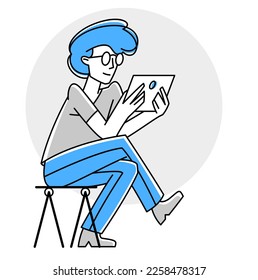 Young person using tablet for work or education vector outline illustration, online business or shopping.