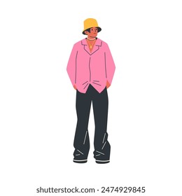 Young person vector flat illustration. Y2K trendy style fashion. Glamour POP culture 00s stylish teenager character clothes, pink shirt, wide trousers, panama hat and jewelry