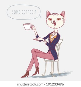 young person vintage lady-cat sitting on chair and drink coffee, doodle style vector illustration