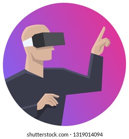 Young person with virtual reality headset, touching the air. Round vector illustration.