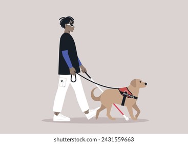 A young person with visual impairment walks confidently with a white cane and their guide dog by their side