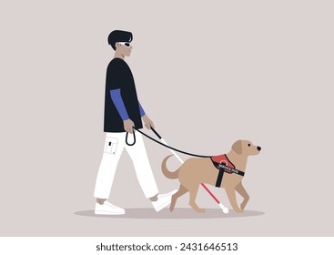 A young person with visual impairment walks confidently with a white cane and their guide dog by their side