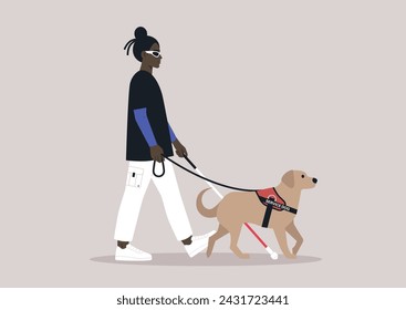 A young person with visual impairment walks confidently with a white cane and their guide dog by their side