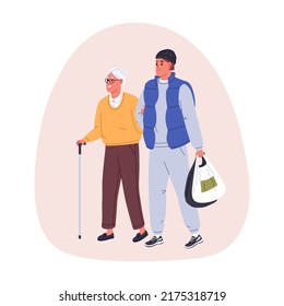 Young Person Volunteer Helping Senior Old Woman, Carrying Her Shopping Bags With Groceries. Charitable Care For Elderly Lady, Grandma With Cane. Flat Vector Illustration Isolated On White Background