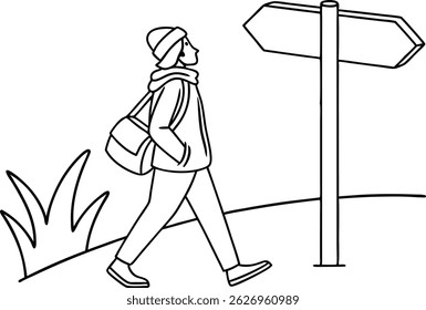 Jovem caminhando ao longo de um caminho olhando para um posto de sinalização direcional em monocromático