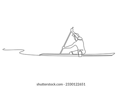 young person water sea boat canoe kayaking activity one line art