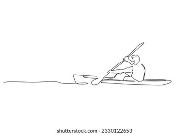 young person water sea boat canoe kayaking activity one line art