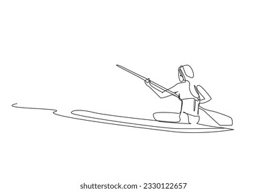 young person water sea boat canoe kayaking activity one line art