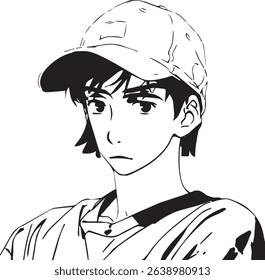 a Young Person Wearing a Baseball Cap and Collared Shirt, Featuring a Melancholy or Thoughtful Expression.