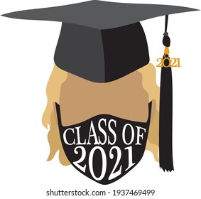 Young Person Wearing Black Graduation Cap and Covid 19 Face Mask Graduating from High School or College Year 2021