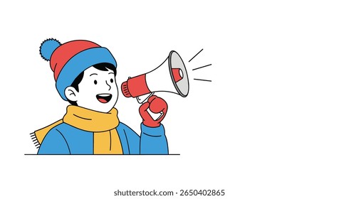 Young person wearing winter clothes announces important news through megaphone