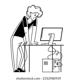 Joven trabajando en la ilustración de un contorno vectorial de pc.