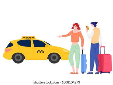 Young persons order taxi through app. Tourists man and woman with luggage waiting for a taxi. Flat vector illustration.