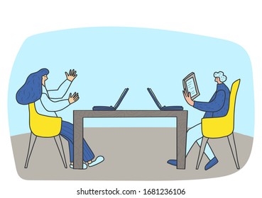 Young persons sitting in the chair and using their gadgets. Attractive man and woman working with laptop. Coworkers at the desk. Vector flat illustration.