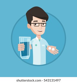 Young pharmacist holding in hands a glass of water and pills. Pharmacist in medical gown giving pills. Concept of health care. Vector flat design illustration in the circle isolated on background.