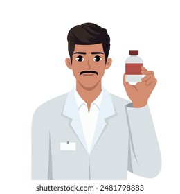 Young pharmacist in medical uniform hold bottle in hands. Flat vector illustration isolated on white background