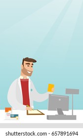 Junge Apotheker schreiben Notizen und halten ein Rezept. Apotheker in medizinischem Gewand, der hinter der Theke steht. Apotheker, der ein Rezept liest. Vektorflache Design-Illustration. Vertikales Layout.