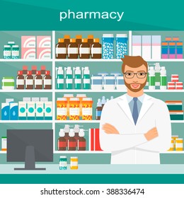 Un joven químico de farmacia de pie en la farmacia.... ilustraciones vectoriales planas aislar