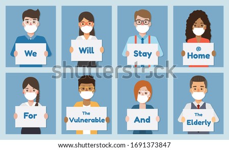 Young pheople wearing face mask holding poster requesting people avoid and prevent Coronavirus pandemic and Covid-19 spreading by staying at home. Coronavirus Disease awareness.