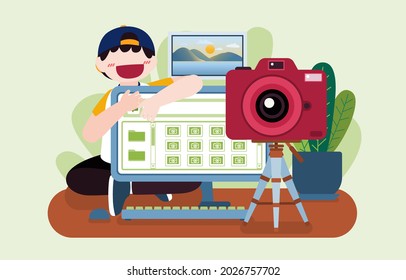 Young photographer backup photo folder into computer, camera on tripod in cartoon character, flat design vector illustration