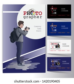 Young photographer with a camera and an assortment of business cards. Set. Design of business cards for a photo studio, studio.