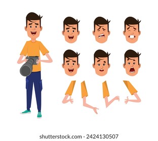 Young photographer character with different facial expression and hand poses. animation character model sheet for your design, animation, motion or something else.