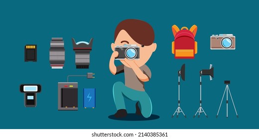 Joven fotógrafo con cámara digital y equipo de fotografía profesional, tarjeta de memoria, lente, banco de energía, flash, iluminación de estudio en estilo de dibujos animados para diseñador gráfico, ilustración vectorial