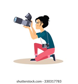 Young photographer girl sitting on a knee taking a photo, vector illustration in flat style.