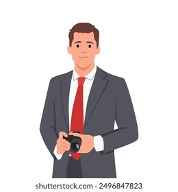 Young photographer man holding camera wearing business suit. Flat vector illustration isolated on white background