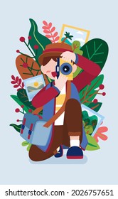 Young photographer man wearing hat use digital camera take a photo while travel in nature park, flat vector design illustration