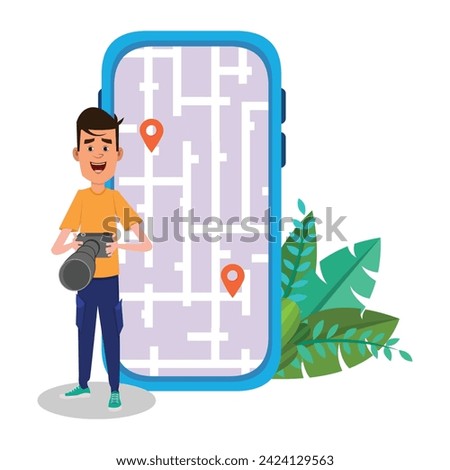 Young photographer standing in front of mobile phone and checking location.