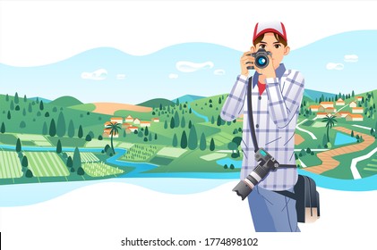 young photographer wearing hat and bring waist bag taking picture of rural landscape vector illustration. used for landing page image, poster, info graphic and other