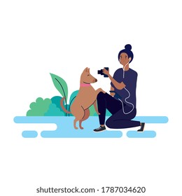 young photographer woman taking a photo to dog outdoor, on white background vector illustration design